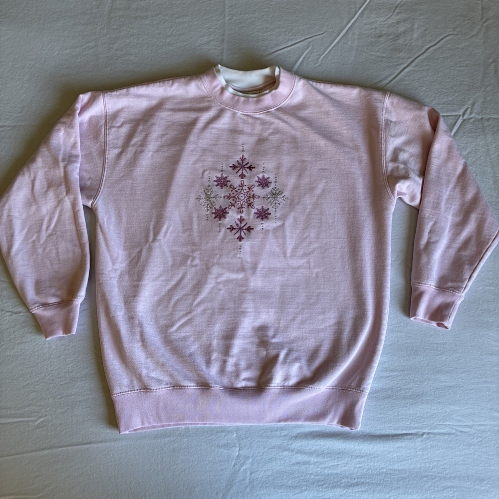 Vintage 90s Double Crewneck Embellished Winter Sweatshirt Embroidered Size L
